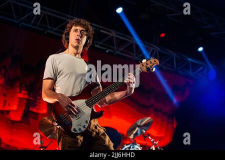 No Te Va a Gustar bass guitarist, Guzman Silveira, performs during a show in Corrientes, Argentina. Stock Photo