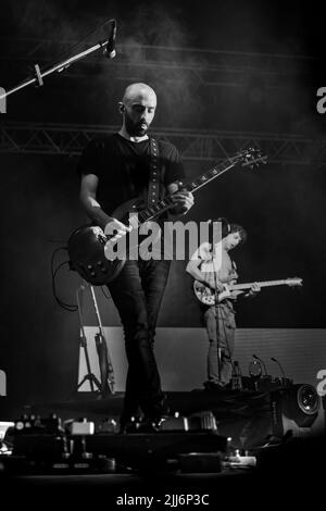 No Te Va a Gustar guitarist, Pablo Coniberti, performs during a concert in Corrientes, Capital. Stock Photo