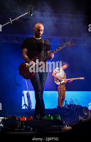 No Te Va a Gustar guitarist, Pablo Coniberti, performs during a concert in Corrientes, Capital. Stock Photo