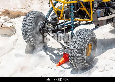 Close-up of off-road car rear suspension and wheels Stock Photo