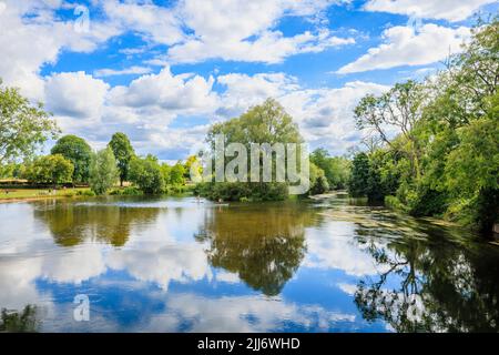 The River Avon in Fordingbridge, a small village in the New Forest, Hampshire, on a summer's day with blue sky and fluffy white clouds Stock Photo