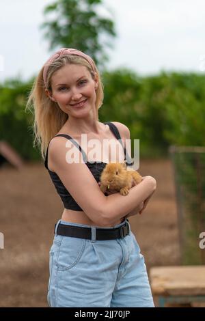 Rabbit bunny girl holding easter cute furry friendship happiness happy, for nature white from small for fluffy domestic, hare hug. Ears funny, Stock Photo