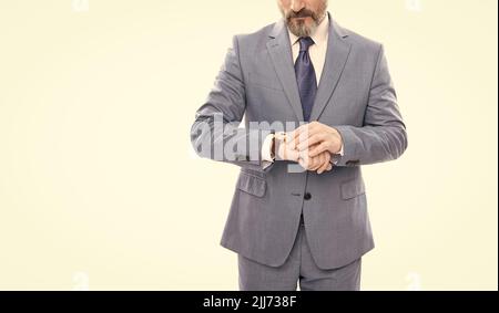 male fashion accessory. ceo man in suit checking time. cropped businessman with hand watch Stock Photo