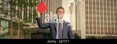 boxing day. handsome man with present box. entrepreneur hold birthday gift. Stock Photo