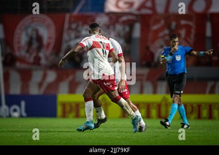 Maceio, Brazil. 23rd July, 2022. AL - Maceio - 07/23/2022 - BRAZILIAN B 2022, CRB X NOVO HORIZONTINO - Emerson Negueba CRB player celebrates his goal with Yago player of his team during a match against Novorizontino at the Rei Pele stadium for the Brazilian championship B 2022. Photo: Celio Junior/AGIF/Sipa USA Credit: Sipa USA/Alamy Live News Stock Photo