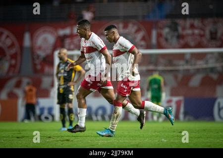 Maceio, Brazil. 23rd July, 2022. AL - Maceio - 07/23/2022 - BRAZILIAN B 2022, CRB X NOVO HORIZONTINO - Emerson Negueba CRB player celebrates his goal with Yago player of his team during a match against Novorizontino at the Rei Pele stadium for the Brazilian championship B 2022. Photo: Celio Junior/AGIF/Sipa USA Credit: Sipa USA/Alamy Live News Stock Photo