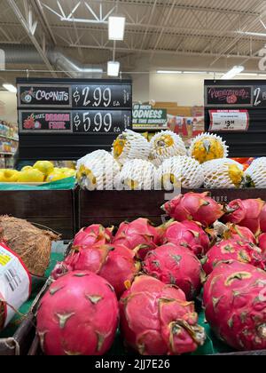 High cost of food at Sprouts Farmers Market grocery store. Unaffordable food items such as fruits and vegetables. Stock Photo