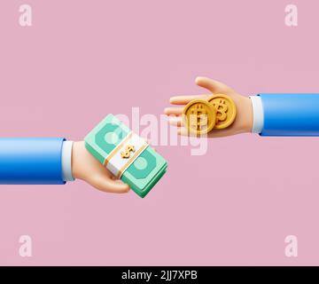 3d cartoon hand swap banknote and bitcoin for payment concept. 3d illustration Stock Photo