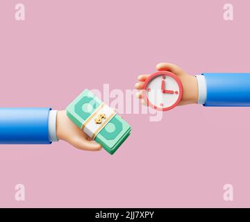 3d cartoon hand swap banknote and clock for payment concept. 3d illustration Stock Photo