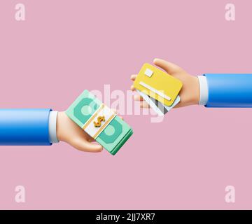 3d cartoon hand swap banknote and credit card for payment concept. 3d illustration Stock Photo