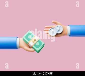3d cartoon hand swap banknote and Ethereum for payment concept. 3d illustration Stock Photo