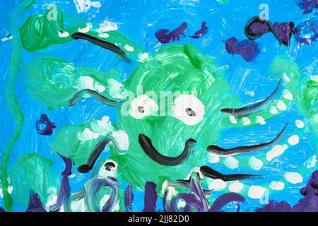 Photo of real draw painted by kindergarten preschool child. Watercolor gouache pencil mix colours. Concept art education class therapy, inspirational Stock Photo