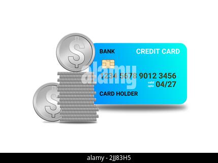 credit card on white background with dollar coin illustration image. concept for online purchases and banking. Stock Photo