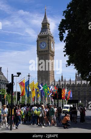 Flags in Parliament Square, London for Historic County Flag Day (HCFD), where the UK celebrates the nation's historic counties. Every year to mark the occasion, the flags of 52 historic counties are hoisted in Parliament Square whilst other celebrations take place in cities, towns and villages across England, Scotland and Wales. Picture date: Saturday July 23, 2022. Stock Photo