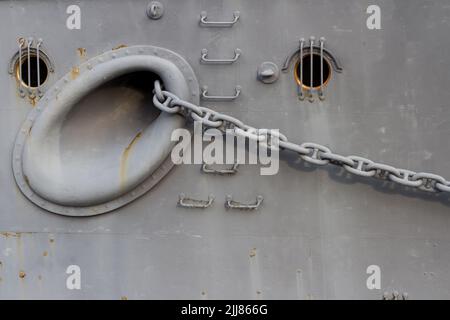Detail image of the anchor chain and portholes of the Memorial Ship Mikasa, Yokosuka, Kanagawa, Japan. Stock Photo
