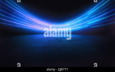 Abstract light blue lines on black background illuminate textured ground. Dynamic curves and blues pattern. Detailed fractal graphics. Science and tec Stock Photo