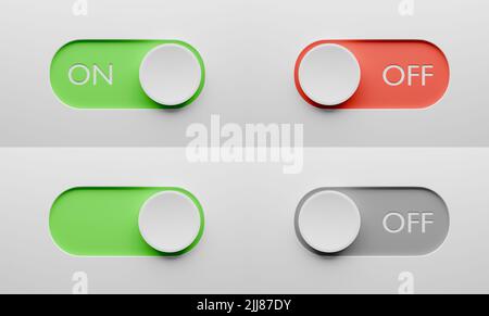 On and Off toggle switch buttons set. Switch design for app or website. 3d render. Stock Photo