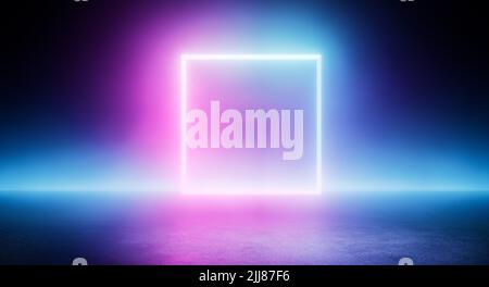 Abstract 3D cube shape purple blue glowing lines isolated on colorful purple blue neon space Stock Photo