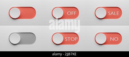Toggle switch buttons set template. Red switch NO, OFF, SALE, STOP. Switch design for app or website. 3d render. Stock Photo