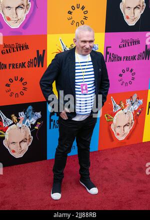 Jean Paul Gaultier poses on the Red Carpet for his 'Fashion Freak Show' at Camdens Roundhouse, London, UK, July 2022. Stock Photo