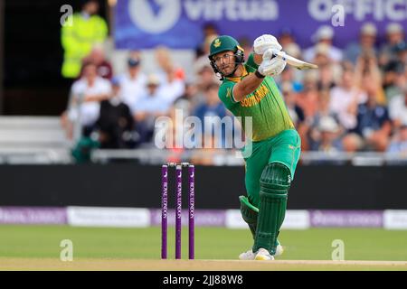 Leeds, UK. 24th July, 2022. Janneman Malan strikes but is caught out by Jason Roy of England for 11 runs Credit: News Images LTD/Alamy Live News Stock Photo