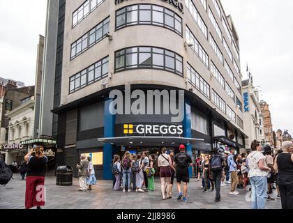 Greggs the Bakers opens store at One Leicesters Square, Central London, England, UK. Stock Photo