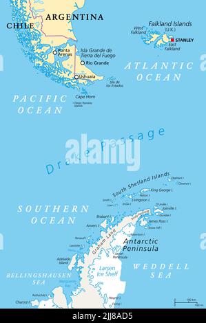 Drake Passage, political map. Mar de Hoces, body of water between Cape Horn and Antarctica Peninsula. Connect Atlantic Ocean with Pacific Ocean.