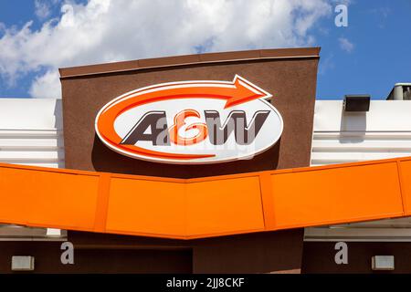 A & W Burgers Restaurant Exterior Sign Corporate Logo On A Fast Food Restaurant In Ontario Canada. A&W Food Services of Canada Inc. Has No Connection Stock Photo