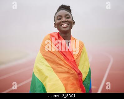 Im a winner. Cropped portrait of an attractive young female athlete celebrating her victory. Stock Photo