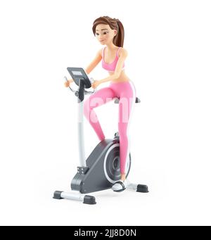 3d sporty woman doing stationary bike, illustration isolated on white background Stock Photo