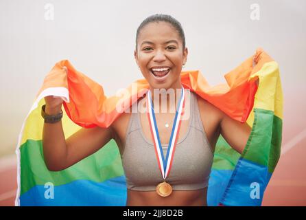 We win as one. Cropped portrait of an attractive young female athlete celebrating her victory. Stock Photo