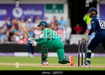 Leeds, UK. 24th July, 2022. Rassie Van Der Dussen of South Africa hits out but is caught out by Jonny Bairstow of England for 26 runs Credit: News Images LTD/Alamy Live News Stock Photo