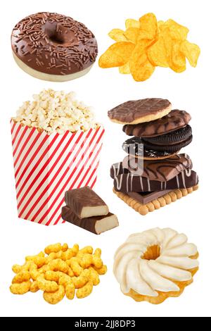 Trans fats in cake, cookies, popcorn and chips  isolated on white background Stock Photo