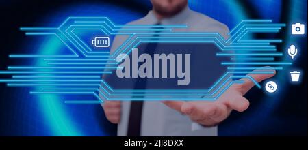Businessman With Hand Presenting Crucial Information And Displaying Digital S With Glowing Lines In Futuristic Frame. Man In Necktie Showing Important Stock Photo