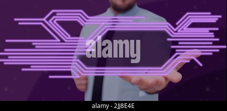 Businessman Reaching Out Hand With Crucial Information And Displaying Glowing Lines In Futuristic Frame. Man In A Necktie Showing Important Data And Stock Photo