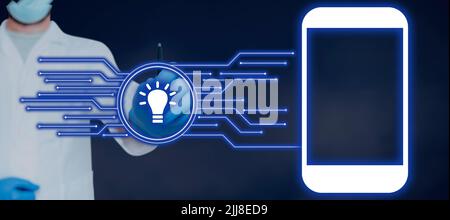 Doctor Pointing Pen On Futuristic Glowing Lines And Light Bulb By Smartphone Symbol. Scientist Having Pencil In Hand Presenting New Ideas And Stock Photo