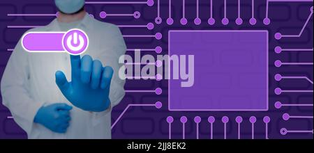 Doctor Wearing Mask And Gloves Pressing On Power Button Symbol With Futuristic Design. Specialist At Work Using Digital Data For Science And Stock Photo