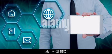 Businessman Holding Smartphone By Digitally Generated Hexagon Shapes And Multiple S. Man With Cellphone Presenting Crucial Information And Marketing Stock Photo