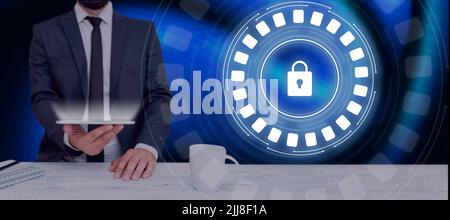 Businessman Holding A Tablet Displaying A Digital Lock In A Futuristic Round Design. Man In A Suit With A Touch Screen Showing Encrypted Messages In A Stock Photo