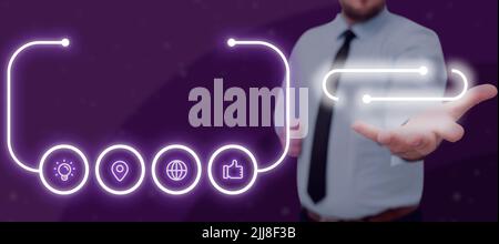 Businessman With A Hand Reaching Out A Digital Display Of Glowing Symbols In Futuristic Frame. Man In A Necktie Showing Important Information And Stock Photo