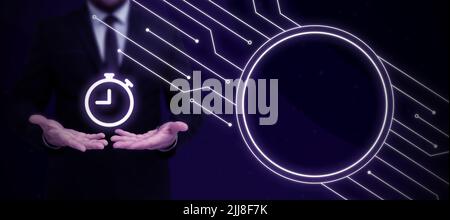 Businessman in suit holding open palm symbolizing successful teamwork accomplishing newest project plans. Man reaching hand out representing combined Stock Photo