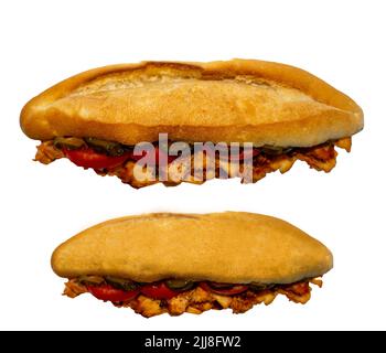 Long Döner chicken sandwich or Sandviç döner Isoläted on white background. Stock Photo