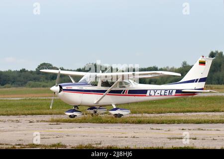KAUNAS / LITHUANIA - August 10, 2019: Lithuanian Cessna 172 Skyhawk aircraft LY-LEM taxiing at air show in S. Darius and S. Girėnas Airport Stock Photo
