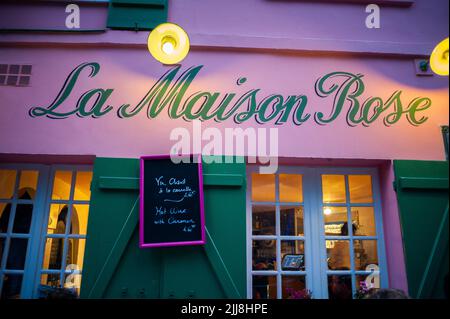 Paris, France, Detail, Front Sign on Wall, French Café, 'La Maison Rose',  Montmartre District, Lights at Night Stock Photo