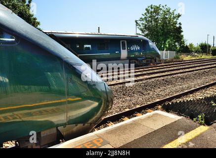 Two Intercity Express Trains standing at the platforms at Dawlish Warren station. Stock Photo