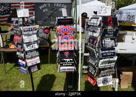 Political bumper stickers representing right-wing, conservative and white nationalist views, on sale in Metaline Falls, Washington State, USA. Stock Photo