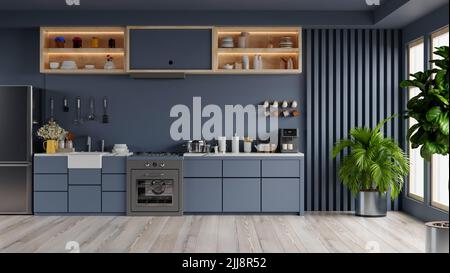 Luxury kitchen corner design with dark blue wall.3D rendering Stock Photo