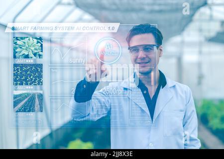 modern farmer using advance technology smart farming AI system to monitor control agriculture plant farm.visual hologram digital graphic interface ove Stock Photo