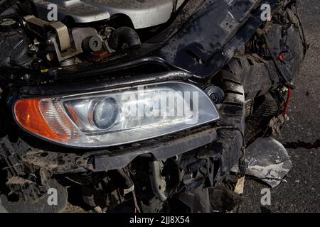 August 22, 2021, Riga, Latvia: car after accident on a road because of collision, transportation background Stock Photo