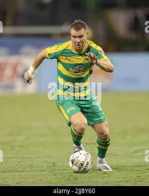 St. Petersburg, FL: Tampa Bay Rowdies forward Jake La Cava (19) dribbles  the ball up the pitch during a USL soccer game against the San Diego Loyal  FC, Saturday, April 30, 2022